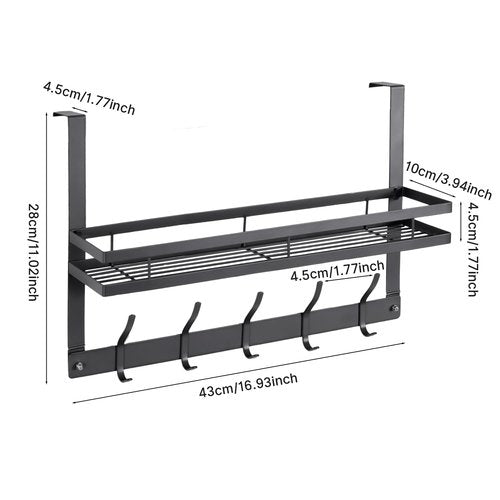 Senmeo Over Door Storage Rack with Shelf and 5 Hooks, Metal Hanging Organizer, 17 x 11 inches, Black