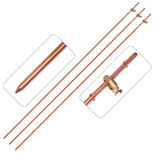 CYANTEKOMS 3 Pack Grounding Rod with Clamp 4 Feet Long Copper Electrical Ground Rod for Electric Fences Satellite Dishes Generator Grounding Earthing ((Set of 3) 3/8’’ x 4 Feet Ground Rod Kit)