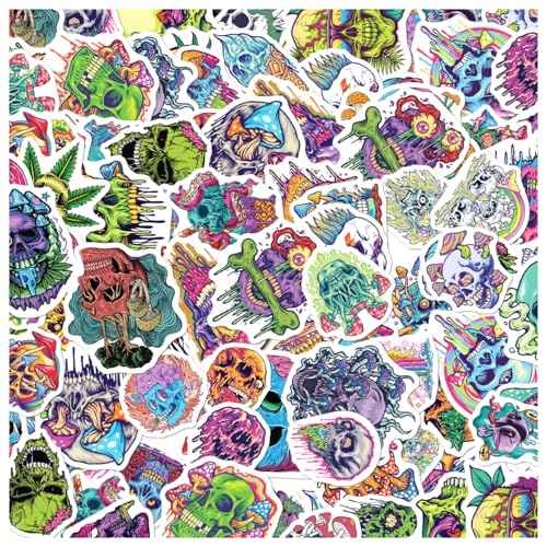 Psychedelic Skull and Trippy Mushroom Artwork 50pcs Stickers Pack Vinyl for Laptop Skateboard Guitar Water Bottle Helmet Decoration Wall Bike Hat Hard Phone Case Car Bottles