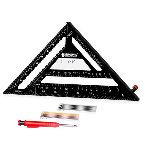 RONGPRO Rafter Square 12 Inch with Woodworking Pencil, Carpenter Measuring Layout Tool, Aluminum Alloy Triangle Carpenter Square for Woodworking- Black, Imperial