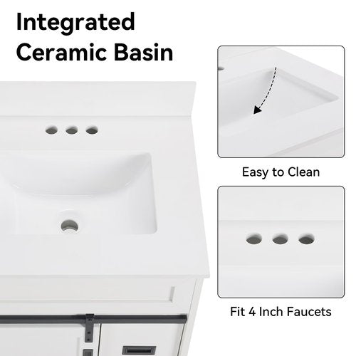 SmartEdge 24 Inch Farmhouse Bathroom Vanity with Sink Combo, White with Sliding Barn Doors and 2 Drawers, Freestanding Bathroom Cabinet, Single Bath Storage Vanity Ceramic Sink, White