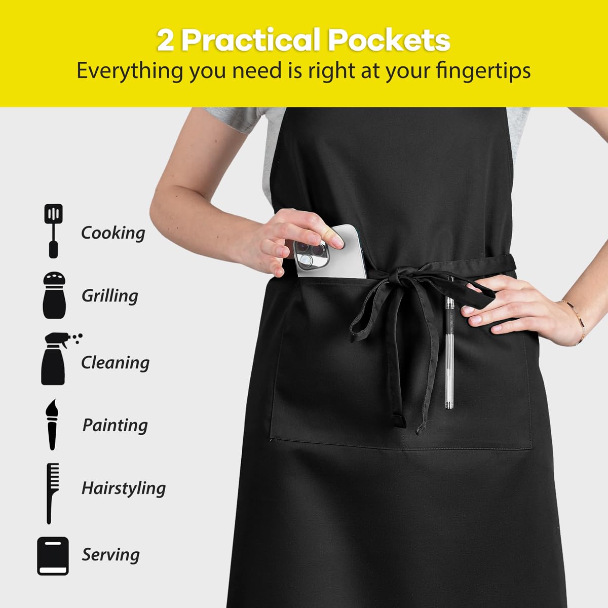 ROTANET Extra Large Apron for Men Adjustable Bib Aprons with 2 Pockets Cooking Kitchen Bbq Grilling Big for Women Chef Water & Oil Resistant Black