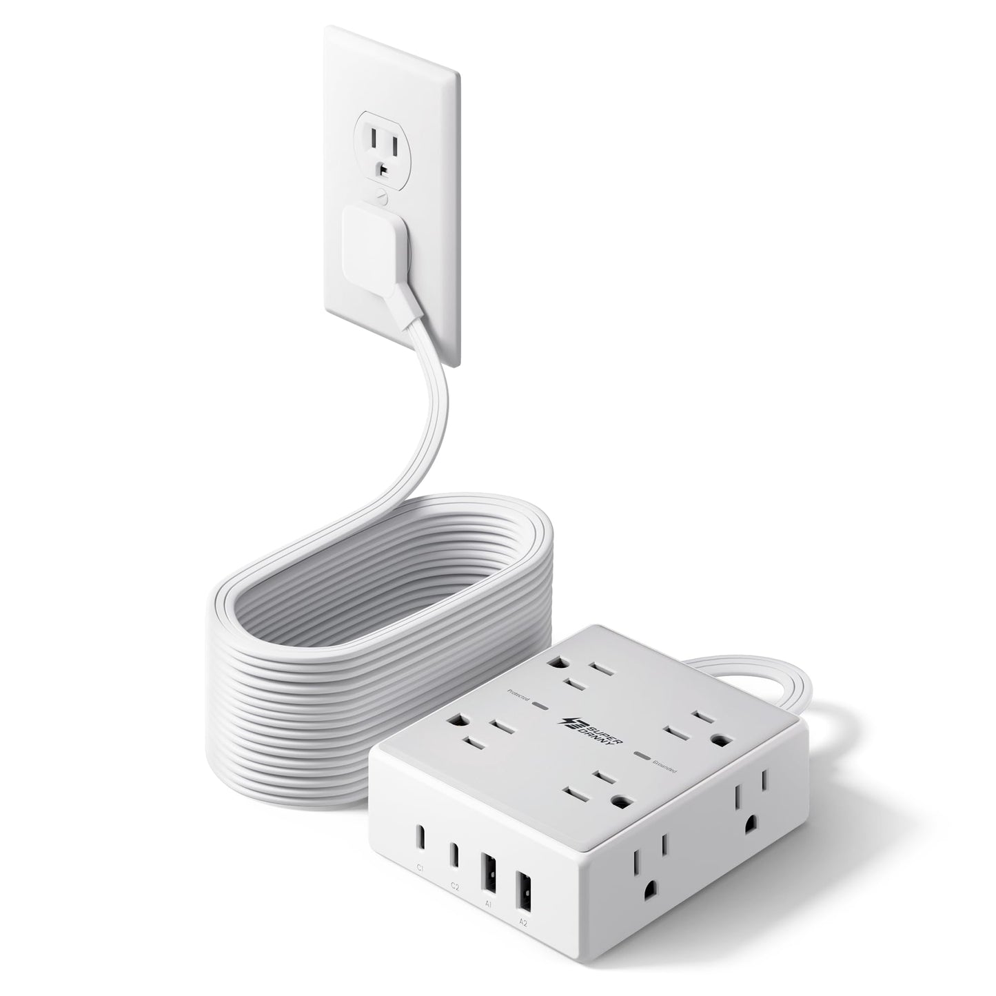 25Ft Long Extension Cord, Flat Plug Power Strip with 8 Outlets & 4 USB Ports (2 USB C), Wall Mountable Surge Protector, Desk Charging Station for Home Office, Dorm Room Essentials