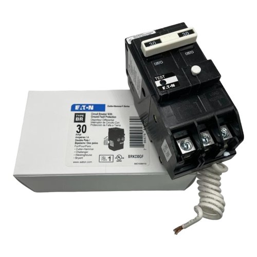 Eaton BRN230GF BR GFCI Circuit Breaker, Ground Fault, Pigtail Neutral, 30 A, 10 KAIC, Two-Pole, 120/240 V
