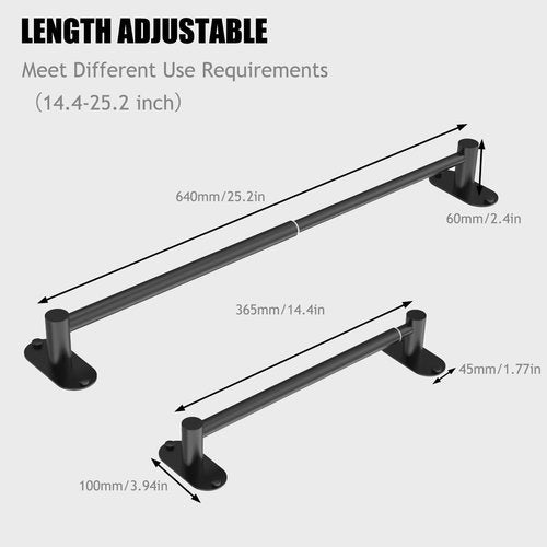 MIROAMZ Towel Bar, Adjustable 14.4inch - 25.2inch Towel Rack, Self Adhesive & Wall Mounted for Bathroom Kitchen Hand Towel Holder Cloths Hanger SUS 304 Stainless Steel Organizer Single Bar Matte Black