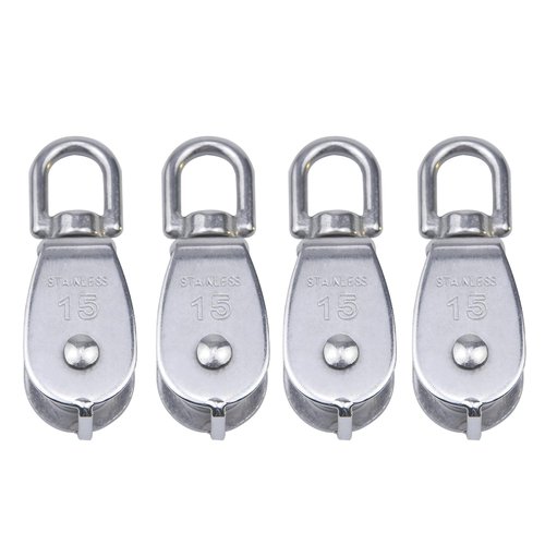 abolius 4 Pack M15 Lifting Single Pulley Block, 304 Stainless Steel M15 Crane Swivel Hook, Wire Rope Hanging Wire Towing Wheel, Heavy Duty Single Wheel Swivel Lifting Rope Pulley Block