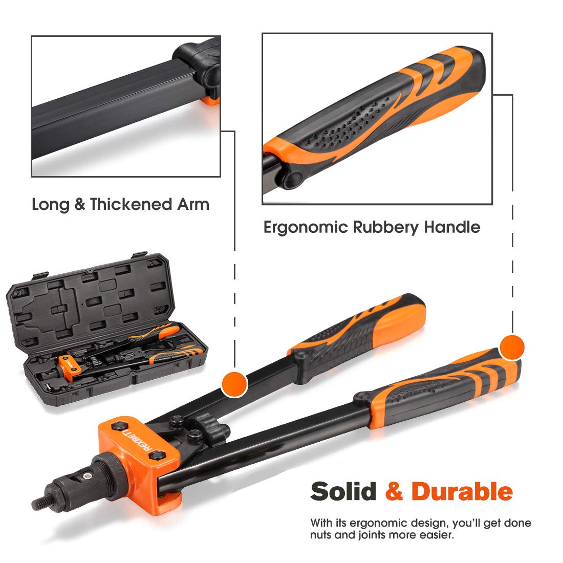REXBETI 14" Rivet Nut Tool, Professional Rivet Setter Kit with 7 Metric & Sae Mandrels and 60pcs Rivnuts, Labor-Saving Design, Extra 1/4-20 mandrel with Rugged Carrying Case