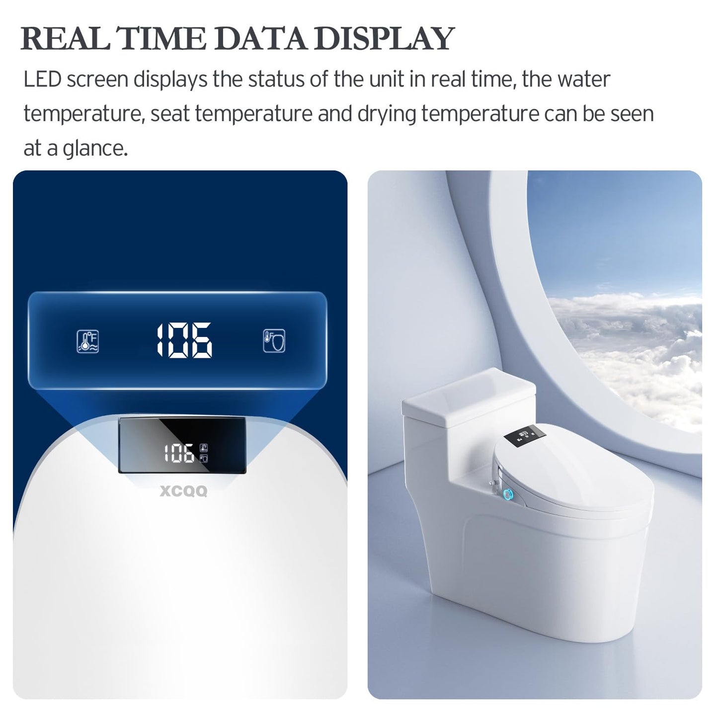 XCQQ Electric Bidet Toilet Seat with Remote, Heated Toilet Seat, Instant Warm Water, Warm Air Dryer, Rear & Feminine with Oscillating Cleansing, Night Light, Slow Close Lid, LED Display - Elongated