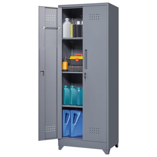 LUCYPAL Metal Broom Storage Cabinet with Shelves and Lock,Broom Closet Storage Cabinet with Hanging Rods for Mops,65" H Cleaning Tool Storage Cabinet for Utility Room,Garage,Laundry Room,Grey