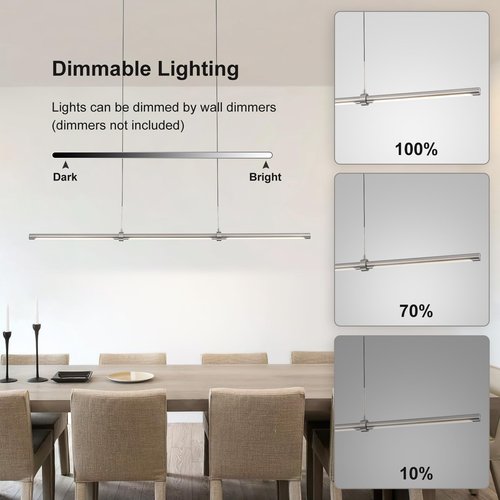 EDISLIVE Modern Linear LED Island Light Dimmable LED Chandelier 47.24 in Adjustable Linear Hanging Light Fixture 3000K 20W Pendant Light for Dinning Room Kitchen，Nickel