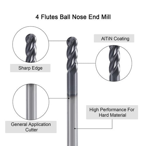 XYunEnZ ISB 4Flutes Carbide Ball Nose end Mill - Micro Grain Carbide End Mill for Alloy Steels/Hardened Steels(5,1/8)