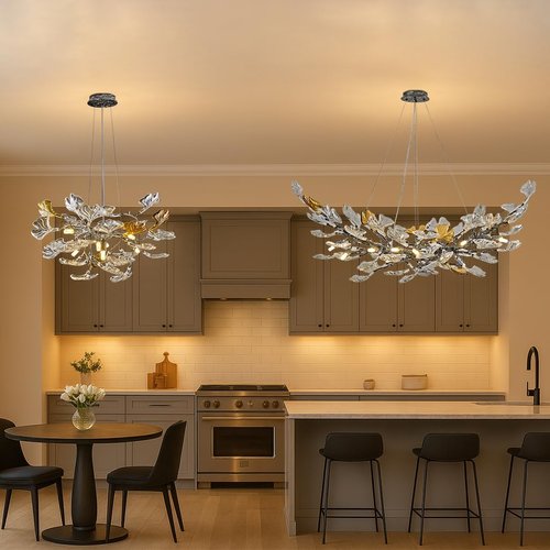 Modern Chandelier for Dining Room, Modern D31.5" Ginkgo Leaf Black Tree Branch Chandelier, Farmhouse Round Chandeliers Over Dining Table, Glass Lights for Living Room Bedroom Kitchen Island, 10-Light