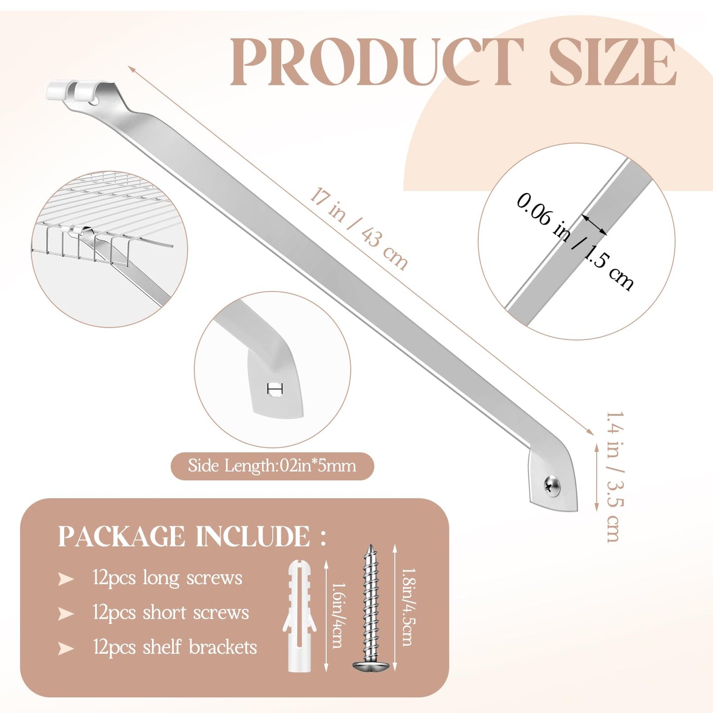Innconee 12 Pcs Support Brackets for 12in Wide Shelving Wire Wire Shelf Brackets Closet Rod Bracket Closet Support Bracket with Anchors and Pins for Installation Wires Shelving Supports Closets