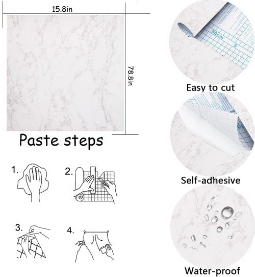 White/Gray Glossy Marble Contact Paper Wallpaper 15.8"x78.7" Peel and Stick Wallpaper Self Adhesive Thick Removable Waterproof DIY Vinyl Film for Kitchen Countertops Cabinet Furniture Refurbishment