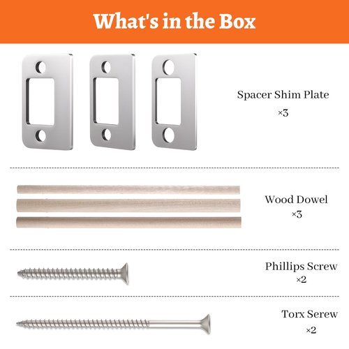 1 Pack Door Strike Shim Plates, Deadbolt Restorer Strike Plates Stainless Steel Standard Size Spacer 3pcs Latch Restorer Strikes Plate with 3pcs Wood Dowel Strip and 4 pcs Screws for Home Office Door