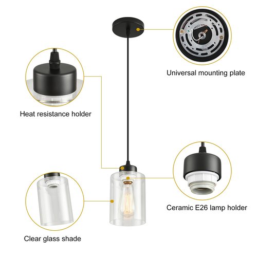 CAFULAM Modern Black Farmhouse Pendant Light with Glass Shade,Industrial Pendant Lighting, Adjustable Hanging Light Fixtures, Farmhouse Pendant Lighting