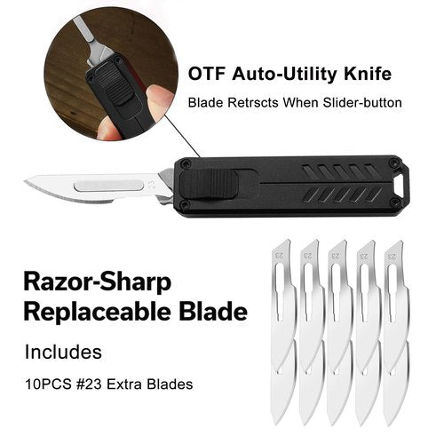 Caressolove Auto Retractable Utility Knife, Safety Black Automatic Box Cutter, Scalpel Pocket Knife, Push Button EDC Razor Knife with 10PCS #23 Blades