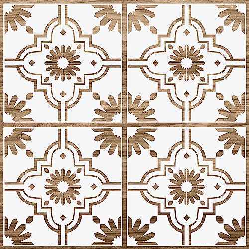 Zonon 4 Pieces Reusable Tile Stencil Floor 12 x 12 Inches Wall Templates Tile Pattern Stencil Drawing Templates for DIY Scrapbooks Wall Floor Fabric Decors(Trendy Style)