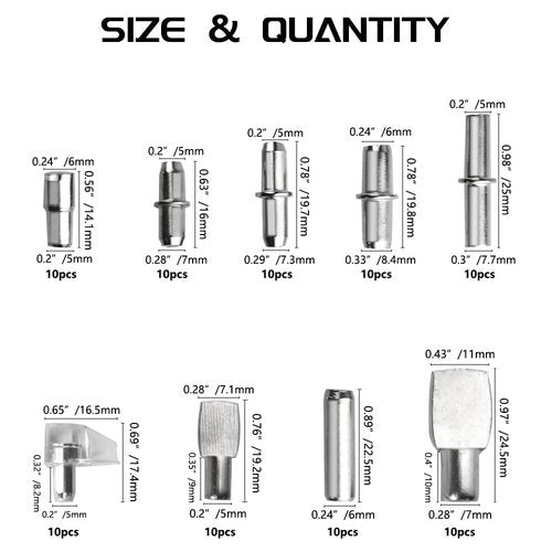 WMYCONGCONG 150 PCS Shelf Bracket Pegs Kit, 7 Styles Shelf Pins Shelf Support Pegs Cabinet Shelf Holders Pegs for Shelves Book Shelf Closet Metal Nickel Plated