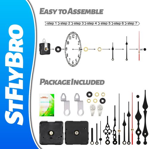 StFlyBro 2 Non Ticking Clock Movements with 6 Pack Different Size Clock Hands, DIY Repair Parts Replacement, Battery Operated