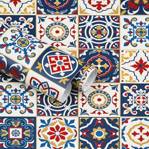 17.7" X118.1"Pattern Contact Paper Removable Peel and Stick Wallpaper Colorful Tile Self Adhesive Wallpaper Vinyl Waterproof Easy to Clean for Cabinets Countertop Kitchen Backsplash Shelf Drawer Liner