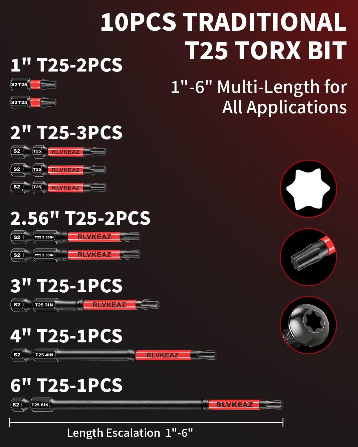 10-PCS T25 Torx Bits for Impact Driver, (1'' to 6'' Long) T-25 Star/Torx Bit Set, Premium Solid S2 Steel, Magnetic High-Torque, 1/4'' Hex-Shank for Auto Repair, Deck Building & DIY Projects