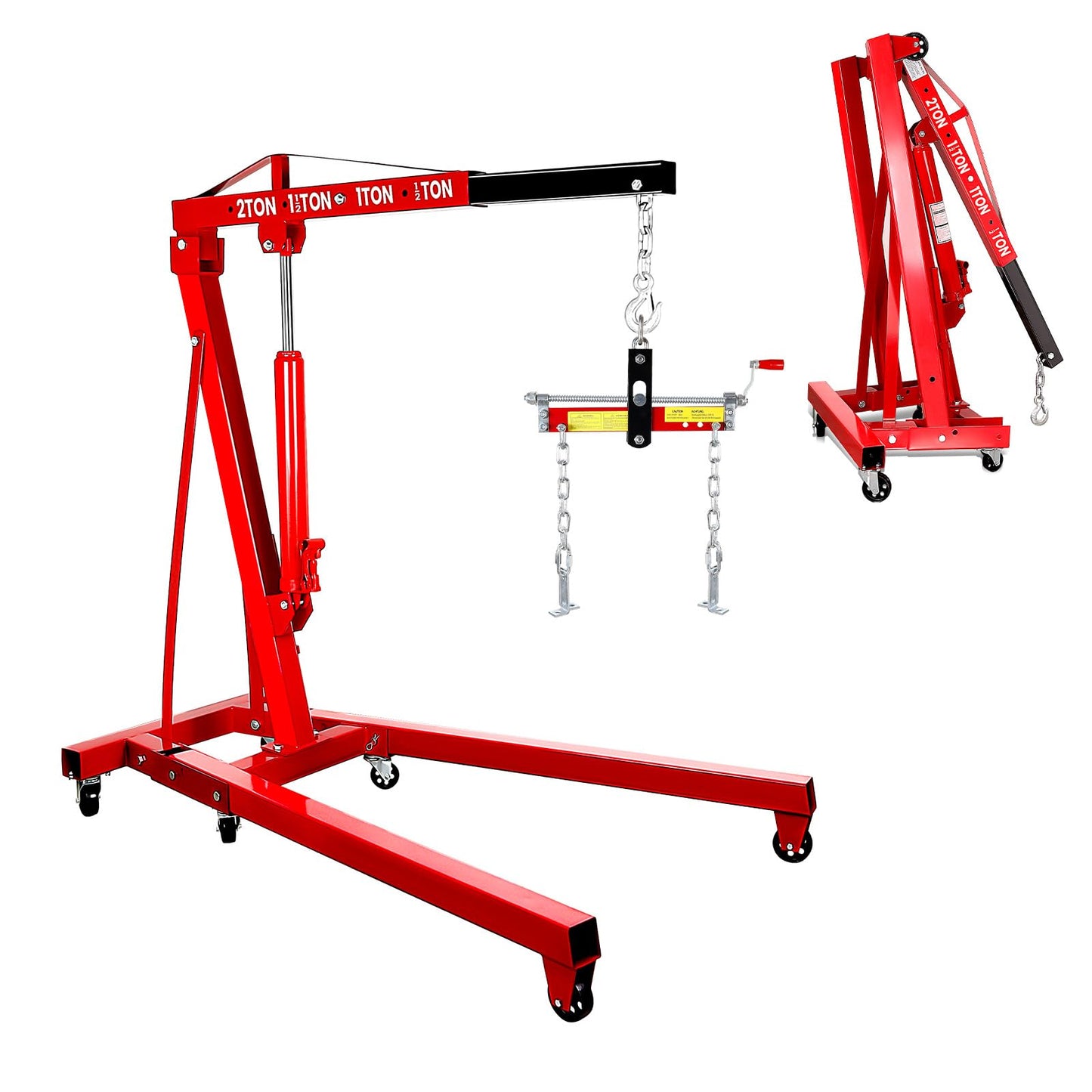 Engine Hoist Cherry Picker with Leveler, 2-Ton Folding Hydraulic Workshop Crane Lift with 6 Swivel Wheels and Telescopic Boom, 4400 Lbs Capacity Heavy-Duty Crane for Garage, Automotive Repair (Red)