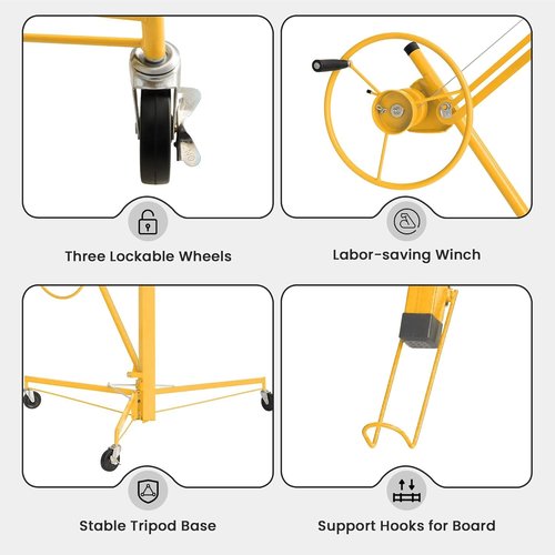 Elevon 11FT Drywall Lift Panel Hoist Jack Lifter, 150LBS Heavy Duty Sheetrock Lift, Rolling Caster Wheels, Lockable Construction Tools, Adjustable Telescopic Arm, Yellow
