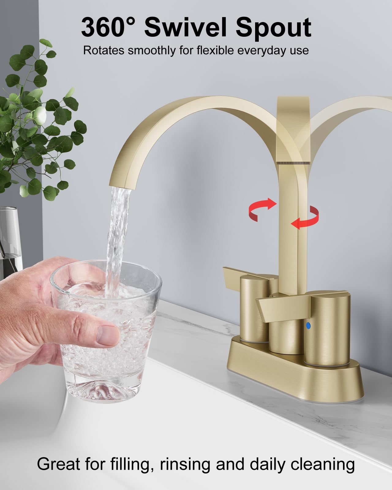 Aolemi Bathroom Sink Faucet, 4 Inch Centerset Waterfall Faucet for 2 or 3 Hole Vanity Sink, 2 Handle Vanity Faucet with Pop Up Drain and Supply Lines, Brushed Gold
