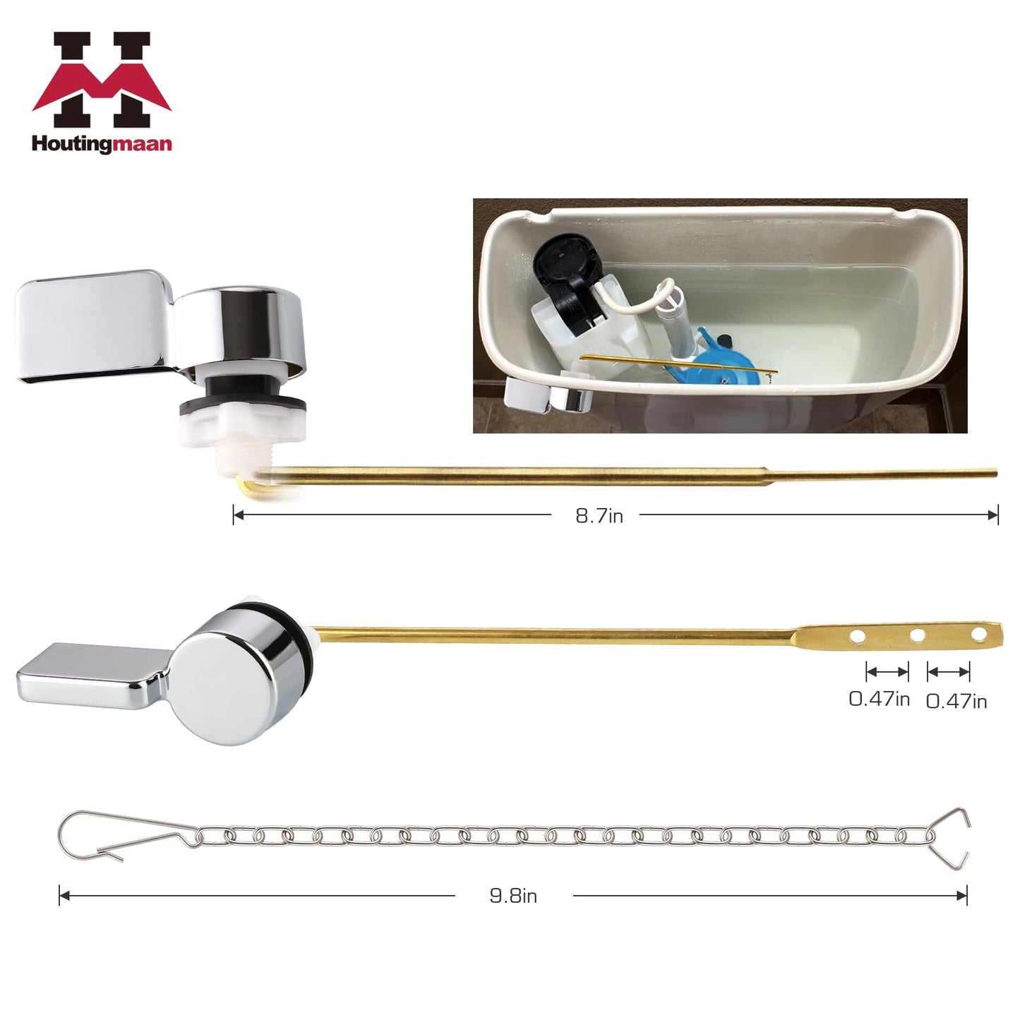 Houtingmaan Toilet Handle Replacement Kit,Toilet Handle Lever for Most Front Mount Toilets, Universal Brass Toliet Flush Handle Lever with Stainless Steel Flapper Chain,Chrome