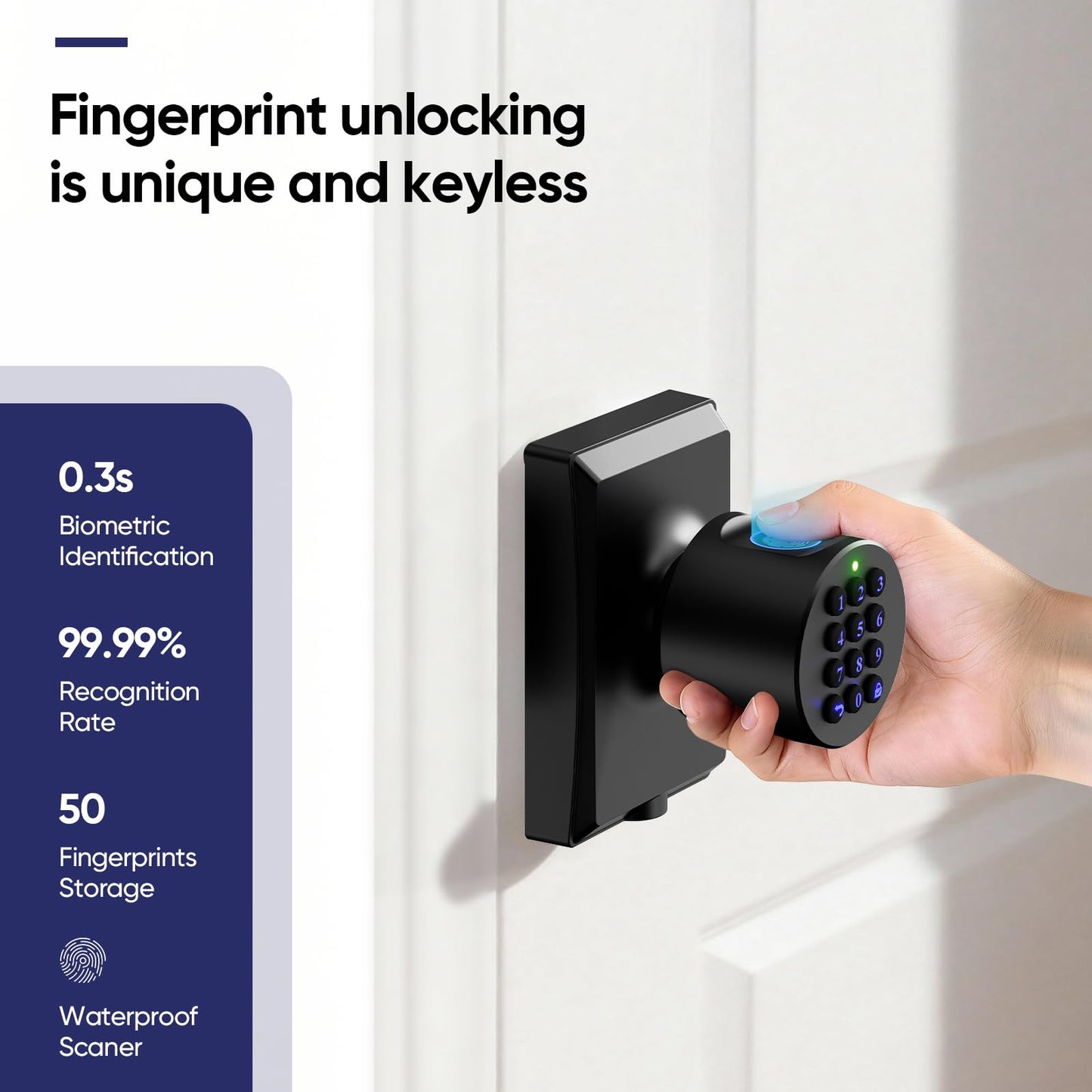 HIDALIFE Keyless Entry Door Lock with Knob, Fingerprint Keypad Digtal Lock, Biometric Door Lock for Front Door, Easy Passage Mode, Matte Black