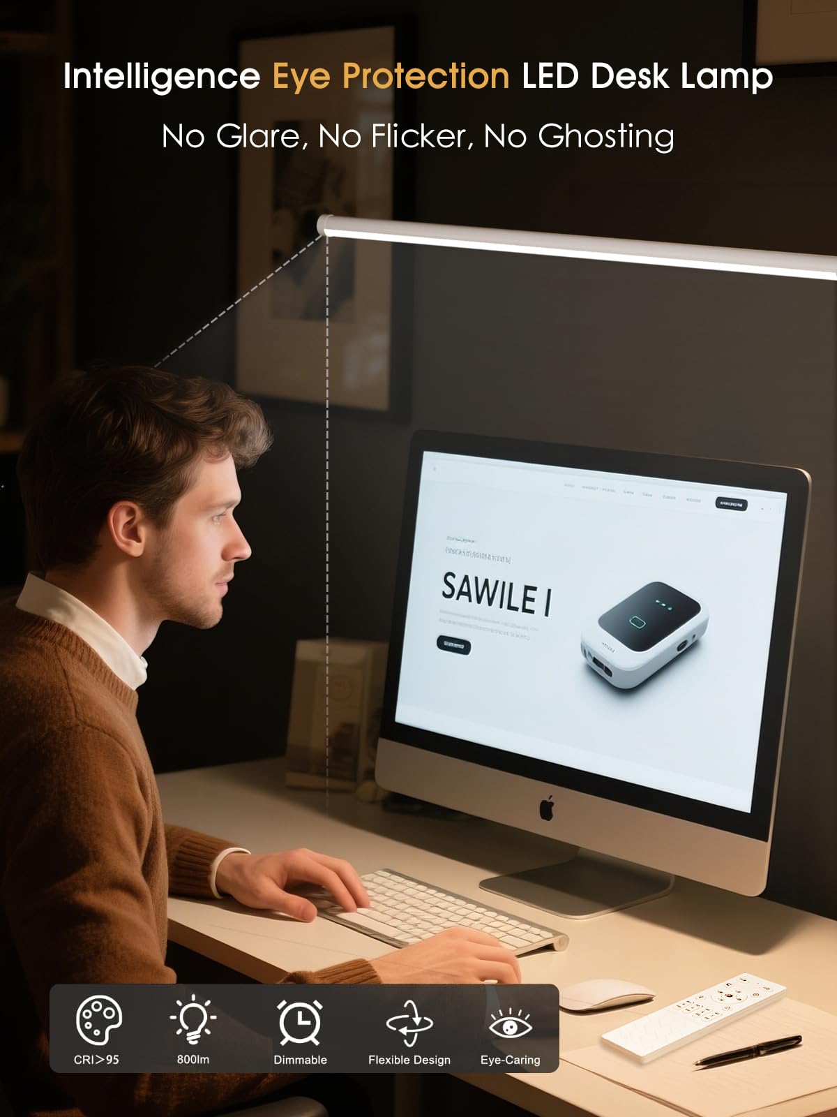 LEDLAY 39.4" LED Desk Lamp for Home Office, Eye Caring Architect Desk Light with Remote, 3 Color Modes & 12 Brightness Levels, Adjustable Height 17.7"-27.6", Study Lamp for Reading/Work (White)