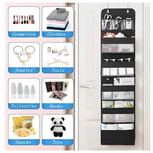 Over The Door Organizer with 5 Large Capacity Pockets, 6 Shelf Detachable Hanging Organizer with Clear Window, 2 in 1 The Door Storage Hanging Shelves for Closet, Dorm, Bathroom, Bedroom (Black)