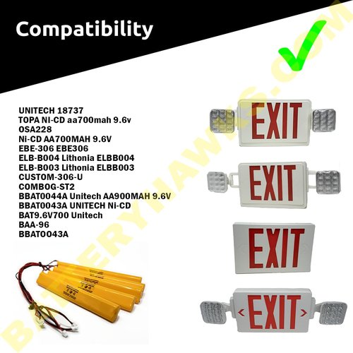BBAT0043A Unitech BAT9.6V700 AA900MAH 9.6V ELB-B003 Lithonia ELB-B004 9.6v 900mAh Ni-CD Battery Pack Replacement for Exit Sign Emergency Light Fire Batteryhawk, LLC
