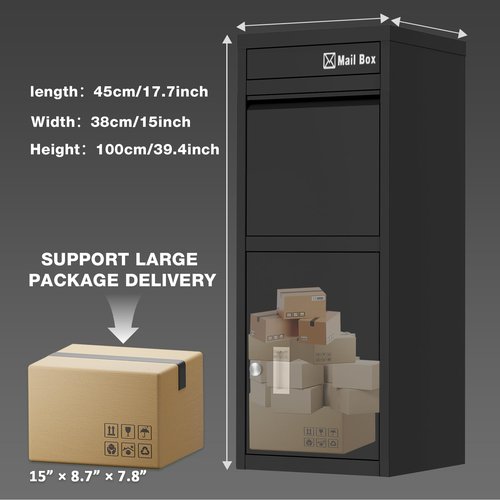OZG Package Delivery Boxes for Outdoor with Lock and Large Storage 17.7"L*15"W*39.4"H, Anti-Theft Outdoor Parcel Drop Boxes with Waterproof Design for Porch/Curbside (Black)