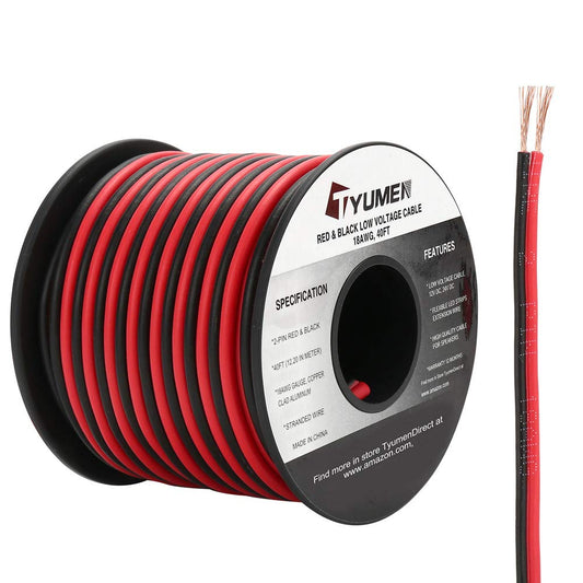 TYUMEN 40FT 18 Gauge 2pin 2 Color Red Black Cable Hookup Electrical Wire LED Strips Extension Cord 12V/24V DC Cable, 18AWG Flexible Wire Extension Cords for LED Ribbon Lamp Tape Lighting