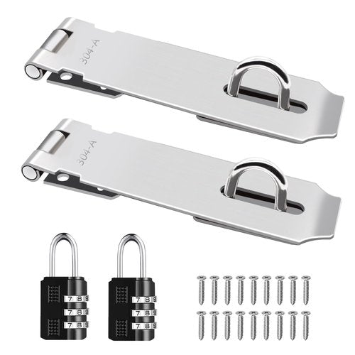 Tanbupu 2Pcs Door Locks Hasp Latch,5 Inch 304 Stainless Steel Safety Packlock Clasp Hasp Lock Latch,Hinge Lock Padlock with Screws for Gates,Doors,Cabinets, Closets and More