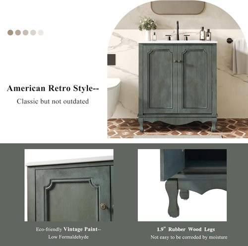 30 in Mid Century Modern Bathroom Vanity with Sink and Soft-Closing Doors,Solid Wood Vintage Antique Single Bathroom Sink Cabinet with Adjustable Shelves, Freestanding Green