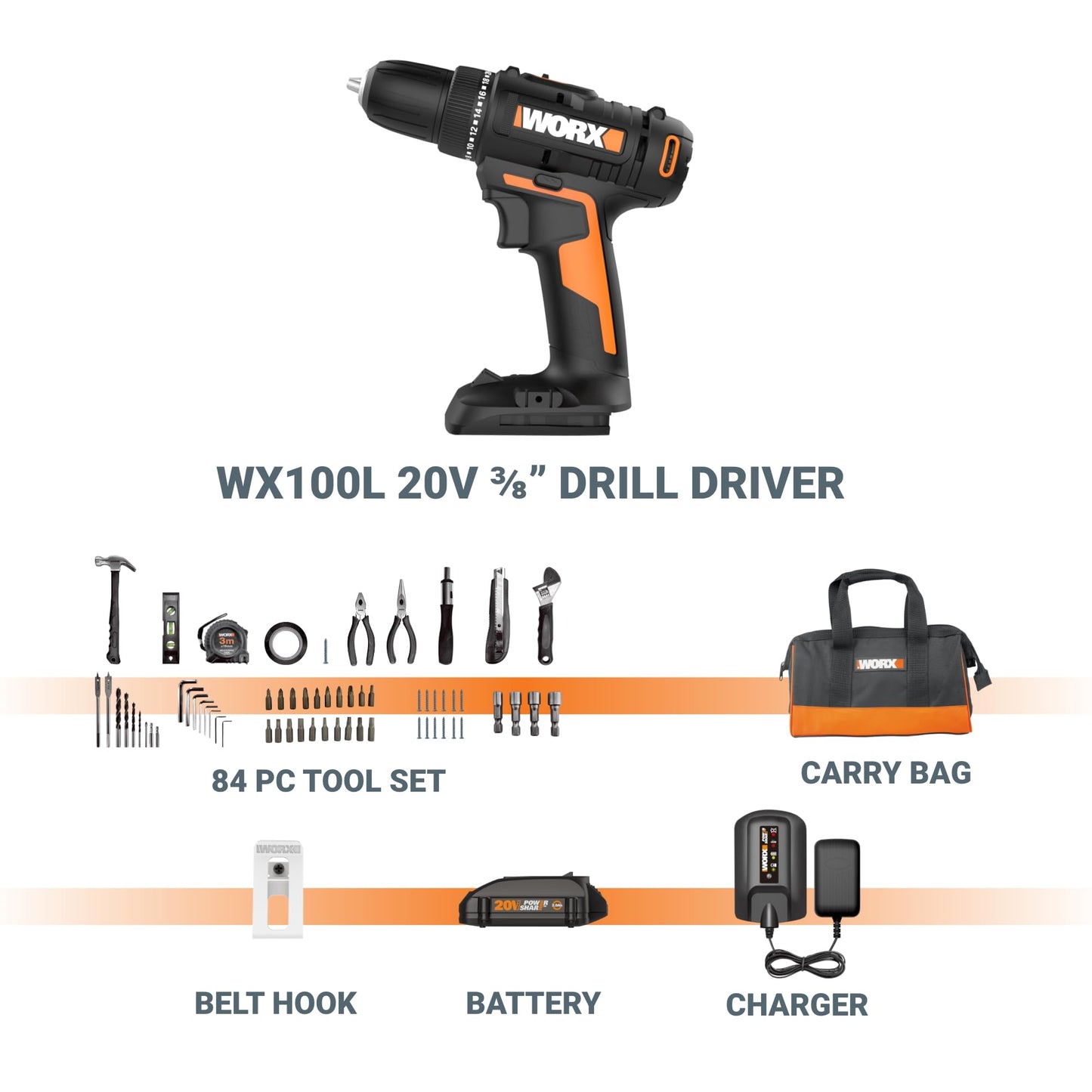 Worx 20V Cordless Drill Driver, 84pc Accessory Kit, Variable 2-Speed, 265 In-Lbs Torque, 20+1 Clutch, Lightweight, Compact, 3/8-Inch Keyless Chuck - Battery & Charger Included