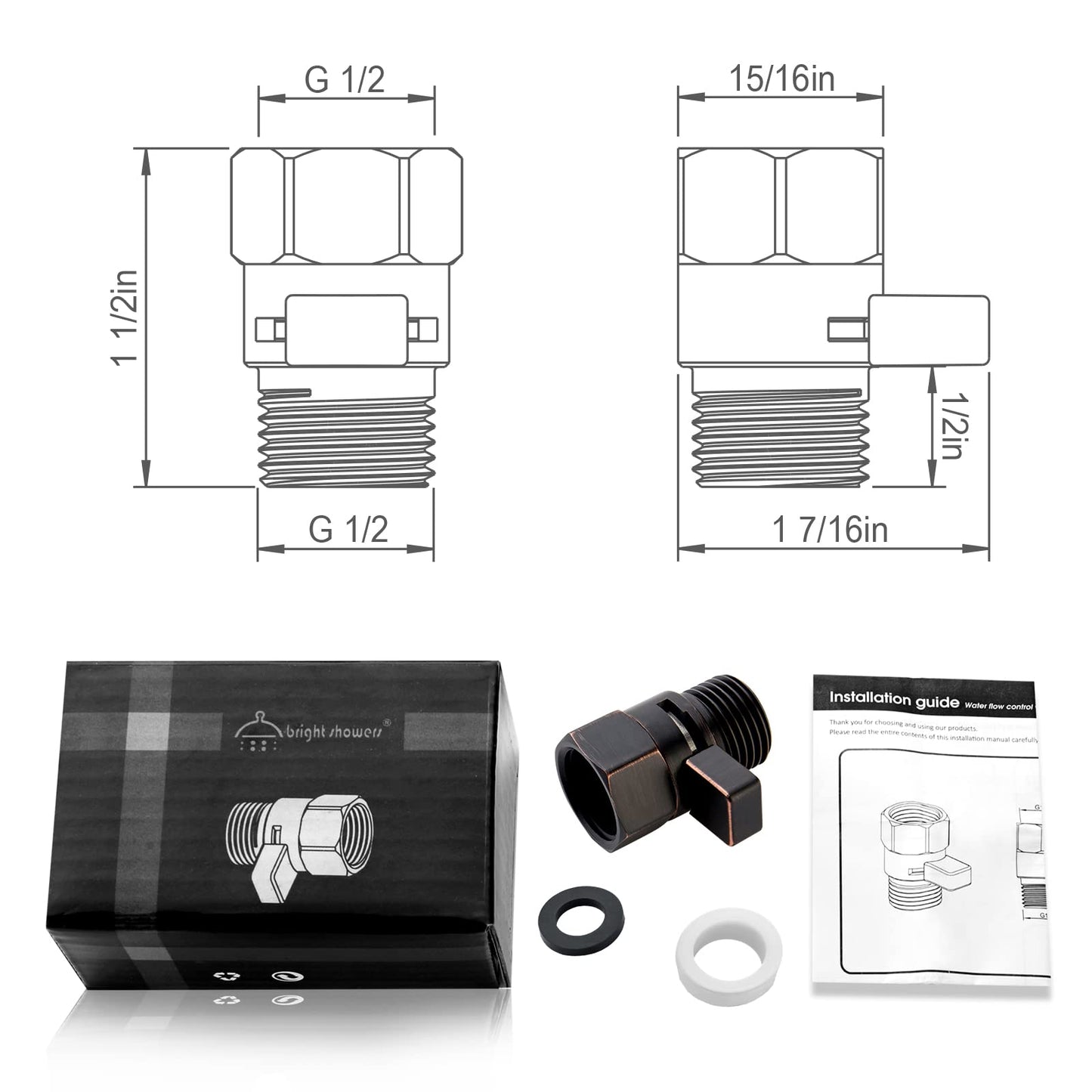 BRIGHT SHOWERS Water Flow Control Valve, Brass Shower Head Water Valve with Handle Lever, Flow Regulator Water-Saver Volume, Oil-Rubbed Bronze