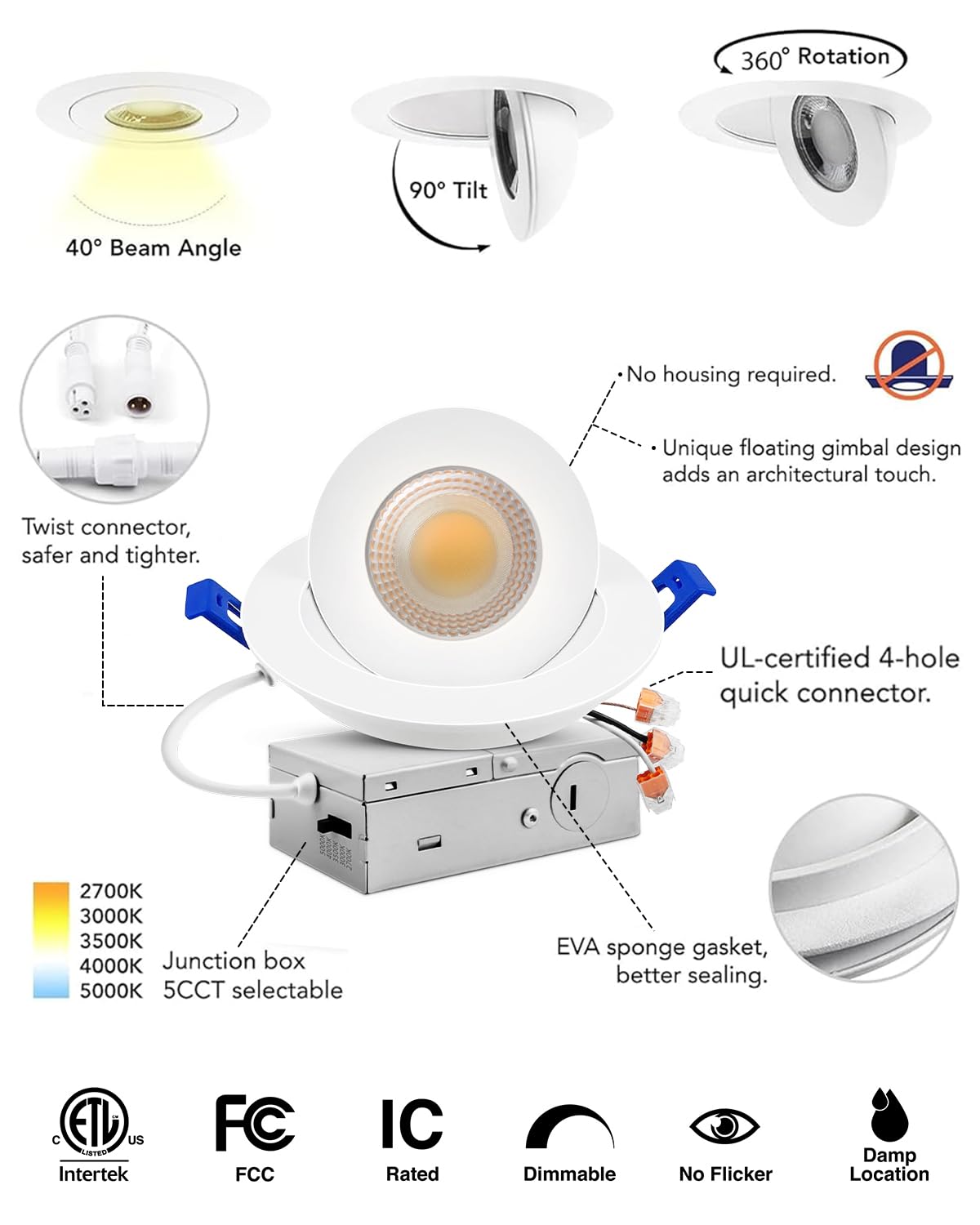 Adetu 4 inch 5CCT Gimbal Led Recessed Lights, 360°+90° Adjustable Directional Recessed Lighting, 2700K/3000K/3500K/4000K/5000K Dimmable Retrofit Eyeball Can Lights with Jbox, ETL(White, 6 Pack)
