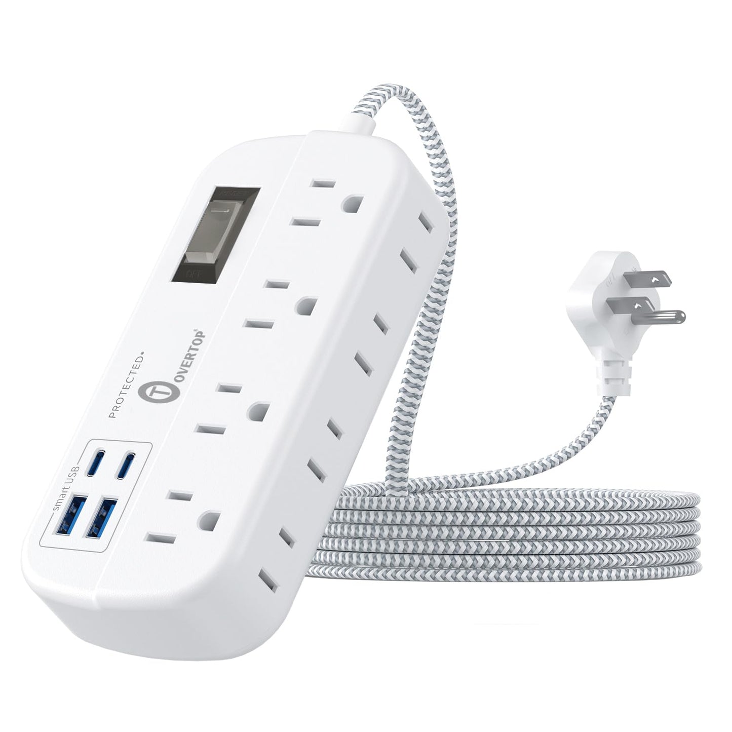 Overtop 12 IN 1 Power Strip Surge Protector, 8 Outlets 4 USB (2 USB C Ports), Compact Wall Outlet Extender, Nightlight Flat Plug 5FT Braided Extension Cord Charging Station for Travel Home Office Dorm