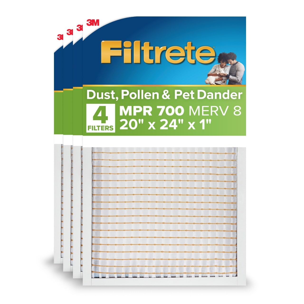 Filtrete 20x24x1 AC Furnace Air Filter, MPR 700, MERV 8, Tough on Pollen, Easy on Airflow, 3-Month Pleated 1-Inch Electrostatic Air Cleaning Filter, 4-Pack (Actual Size 19.81 x 23.81 x 0.81 in)