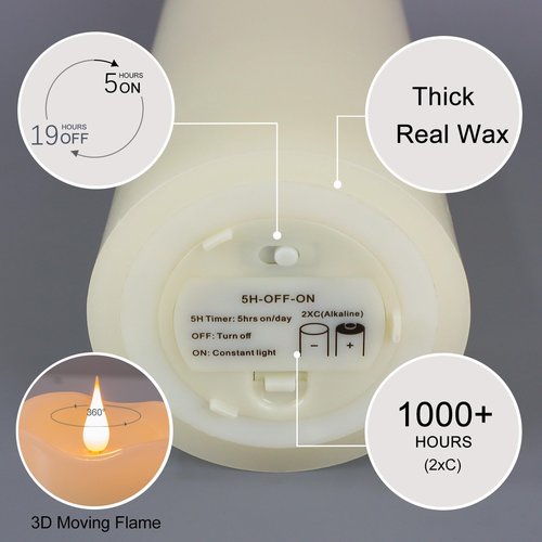 TECHLONG 10" x 4" Large Flameless Candles with Remote Timer, Flickering 3D Moving Flame, Last 1000+ Hours, Real Wax Tall LED Pillar Candles Battery Operated for Indoor Home Decor, Ivory