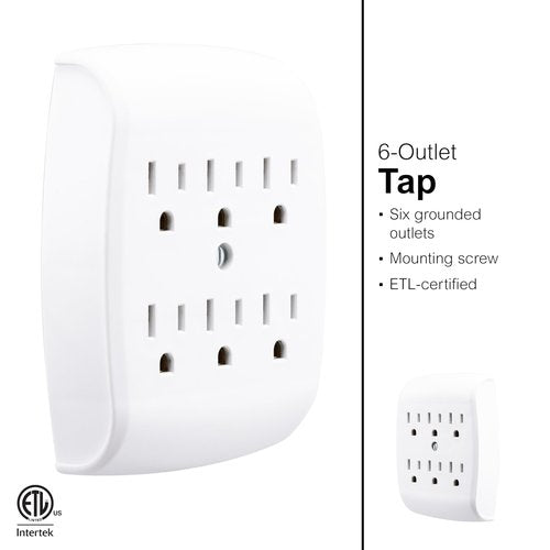 GE 6-Outlet Extender Wall Tap, Grounded Adapter, Outlet Splitter, Charging Station, 3-Prong, Secure Install, ETL Listed, White, 54947