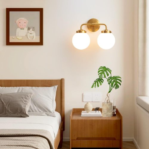 Deyidn Bathroom Vanity Light Fixtures Over Mirror, Modern Brass Gold 2 Lights Wall Sconce Lighting with Milky Glass Ball Shades, Mid Century Farmhouse Bathroom Lighting