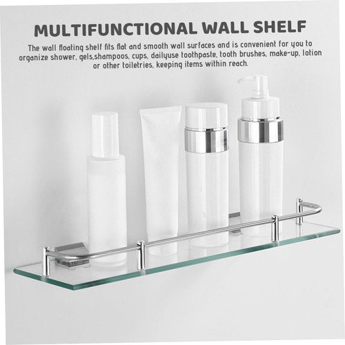 Kalastussaari Glass Floating Shelves for Wall, 4x24 Single Layer Transparent Glass Bathroom Wall Shelf with Metal Rail for Shampoo, Body Wash, Soap