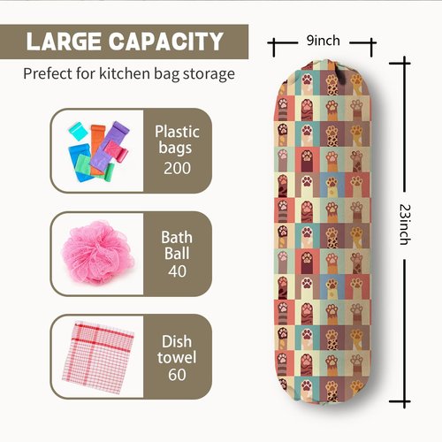 Dog & Cat Paws Bags Holder for Kitchen Essentials, Reusable Hanging Grocery Bag Organizer, Washable Large Grocery Trash Bags Storage Dispenser, Utility Gift for Dog Cat Mom