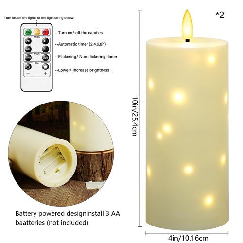 Sasigeiaa Waterproof Outdoor Candles with Timer & Remote - Battery Operated LED Candles, Realistic Flameless Plastic Pillar, Pack of 2 (4" D x 10" H, Ivory) for Patio, Garden Camping Rainy Weather