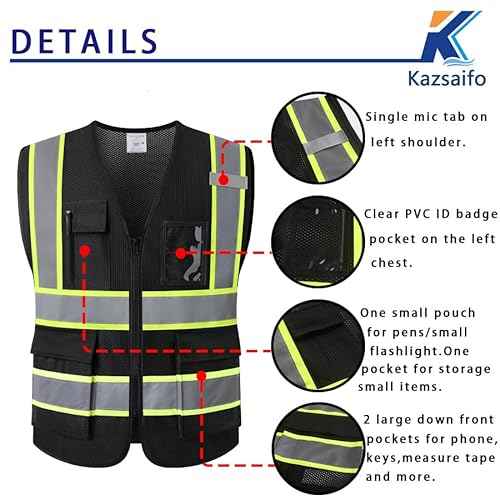 Reflective Safety Vest for Men Women with 5 Pockets and Zipper Front Mesh High Visibility Vest Hi Vis Work Vest,Meets ANSI/ISEA Standards(KZ177-Black-L)